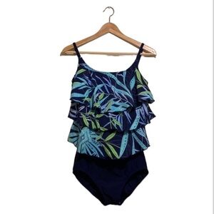 T.H.E. Palm print navy one piece swimwear. Size 12. New.